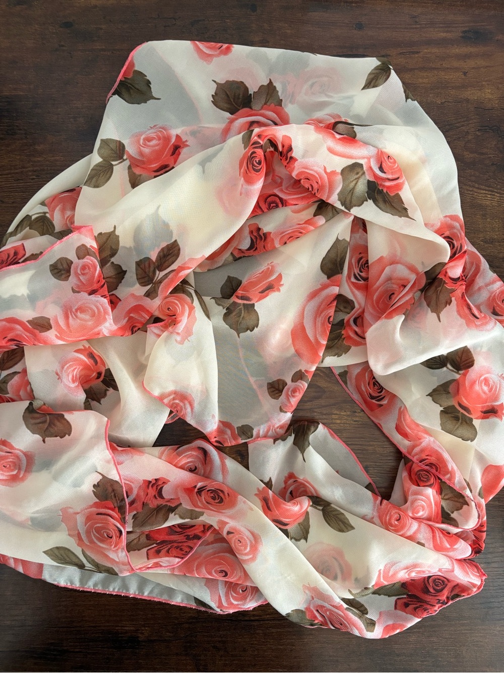 Sheer Lightweight Floral Scarf Wrap Pink Coral Roses 34x56 Vintage Style